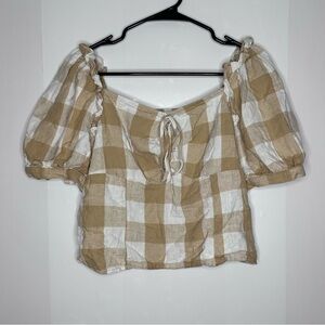 Who what wear yellow white plaid printed puff sleeve linen blend blouse sz Large